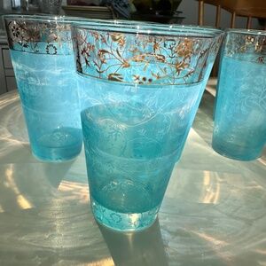 Lot of 5 Cerve Italy Water or Highball Glasses Blue With Gold Floral Design